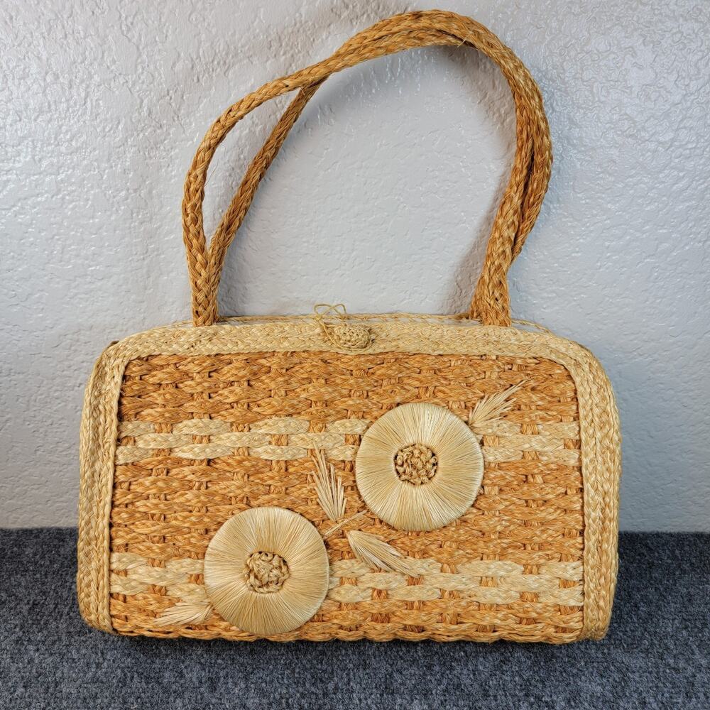 Vintage Woven Straw Handbag Womens Floral Raffia Box Purse Top Handle Boho Bag
